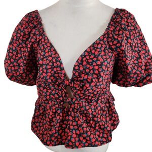 Band of the Free XL Strawberry Print Puff Sleeve Peplum Top Black Red Tie Front